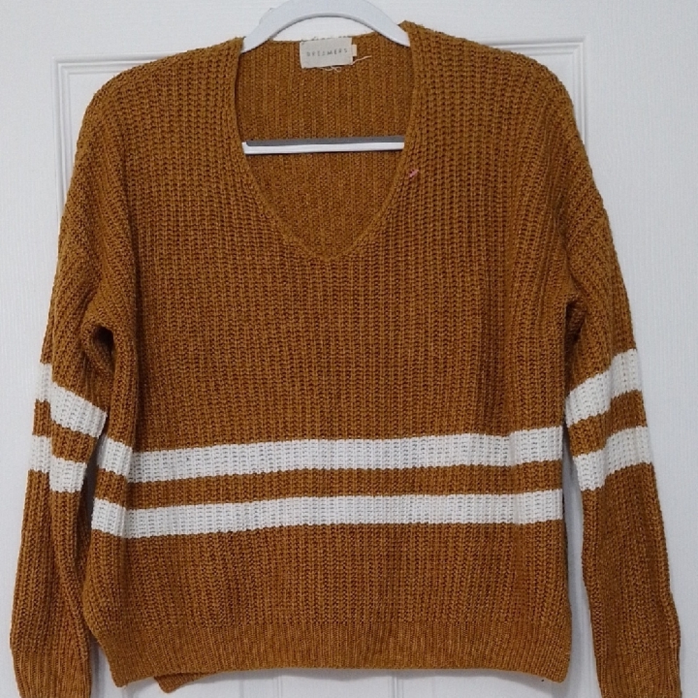 Dreamers Women's Tan V-Neck Sweater with White Stripes